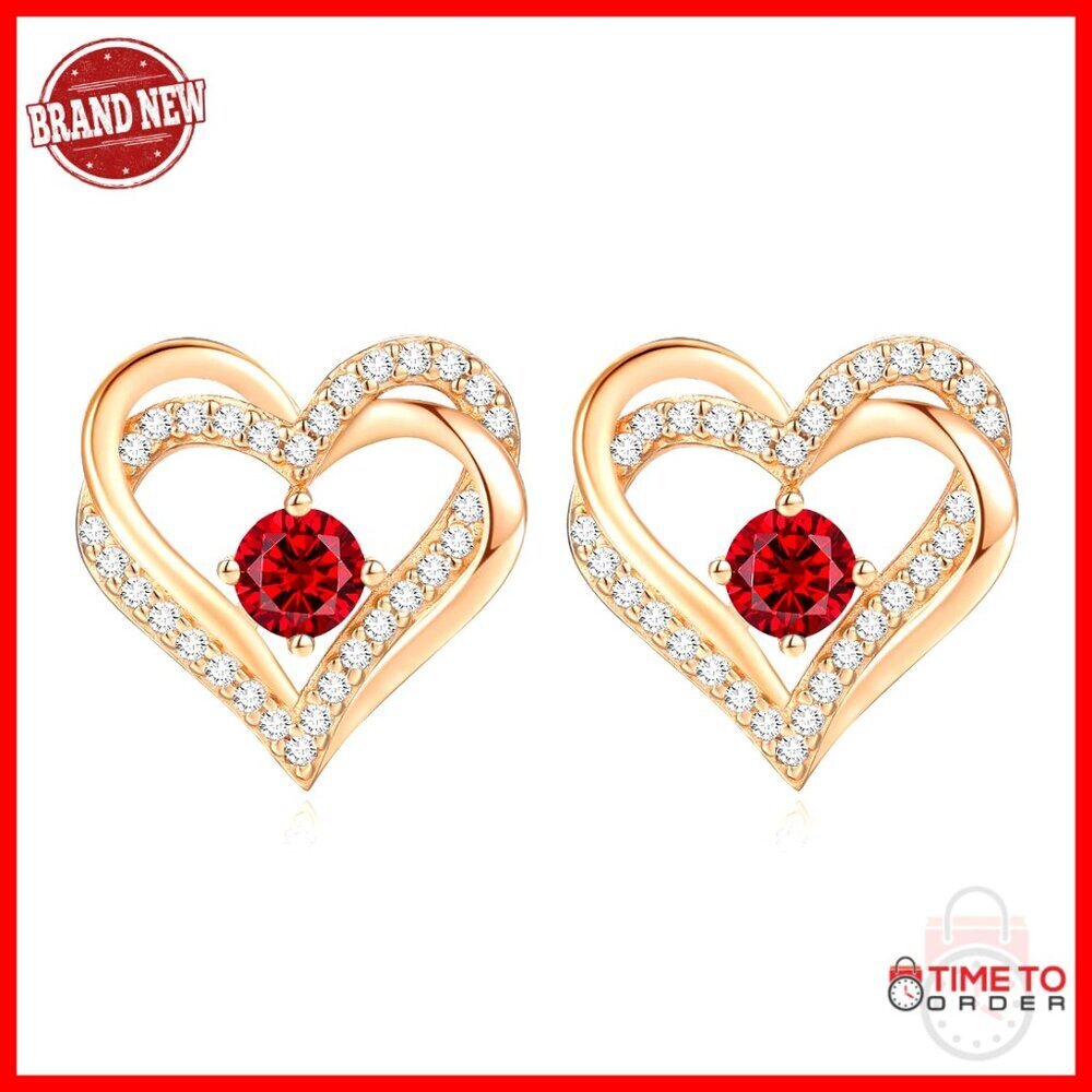 Sterling Silver Heart Stud Earrings with Birthstone, Push Back Closure